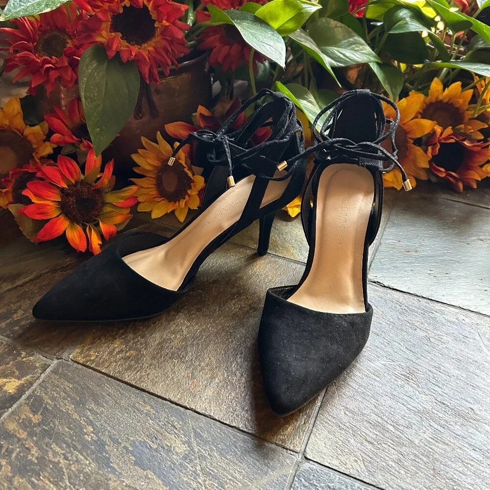 Wild Diva Lounge “Marie” Black Suede Strappy Evening Stiletto Pump